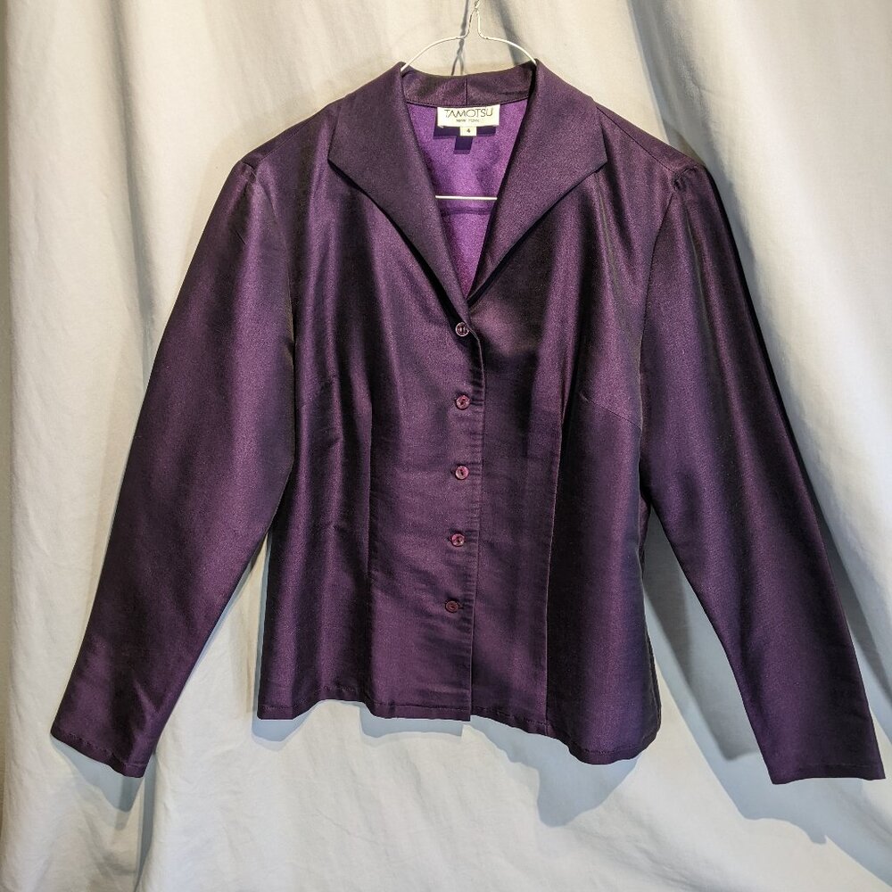 Vintage Tomotsu New York, purple, silk dress shirt, size 4 in GUC!